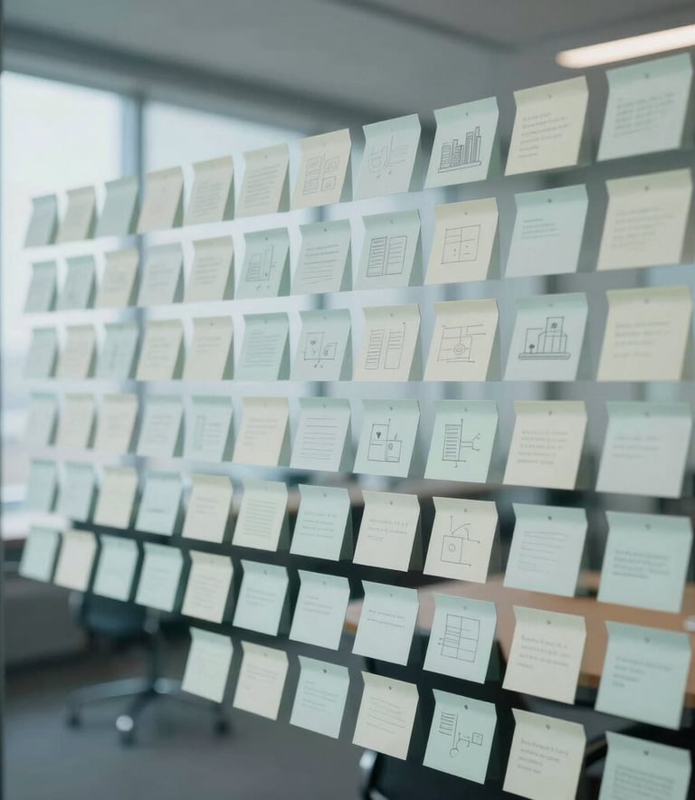 A close-up of a glass wall with neatly organized sticky notes and business diagrams in a bright Baltic conference room, muted steel blue and pale mist gray tones, professional strategy environment.