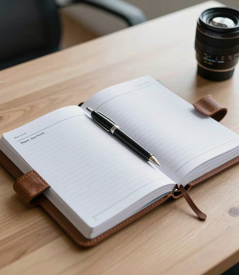 High-angle shot of a leather-bound planner and a fountain pen on a light wood desk in a modern office in the Baltics, soft sky blue highlights, symbolizing meticulous sales planning.