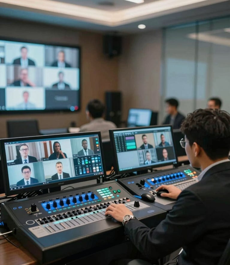 A high-end multi-camera setup in a modern Bogor conference room. Professional video switchers and monitoring screens are visible, showing a hybrid meeting interface. The room has professional accent lighting in #2D5D7C tones. Clean, premium atmosphere.