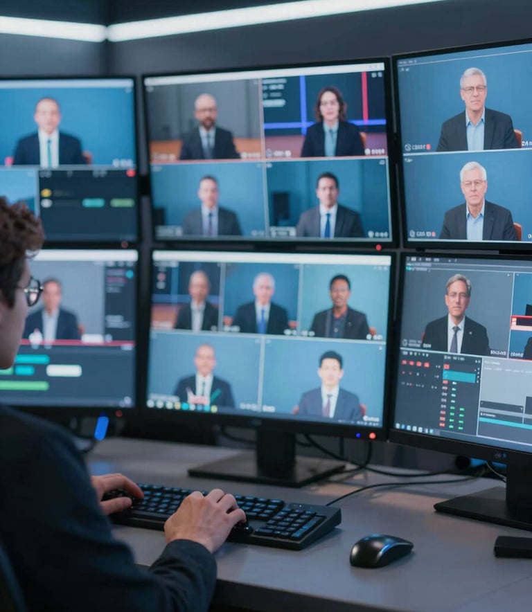 A high-end multi-camera control station with professional monitors showing live feeds of a conference. The lighting is cinematic, featuring cool blues (#2D5D7C) and professional broadcast equipment in a modern studio setting.