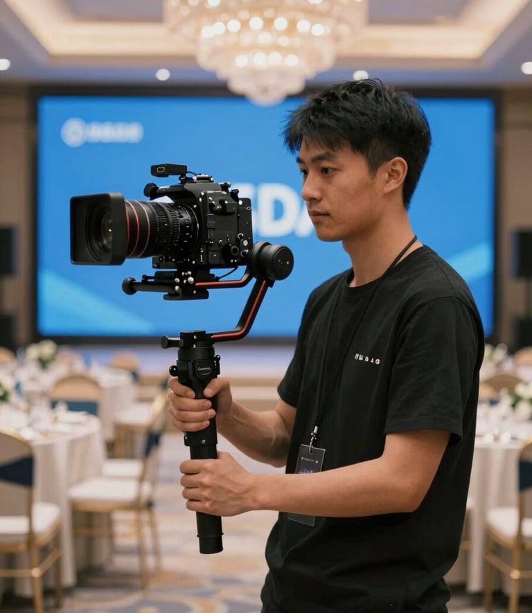 A professional camera operator using a stabilizer gimbal in a luxury ballroom setting. The scene reflects high-end production value with sleek equipment. Lighting is cinematic, incorporating the brand's #6DA4BF color in background highlights.