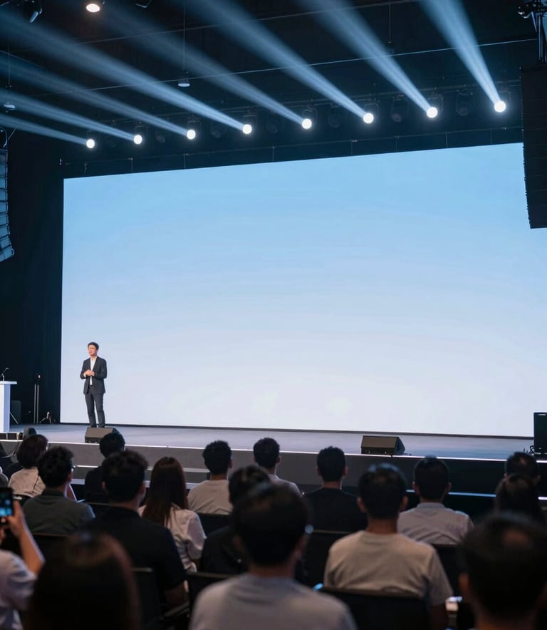A wide-angle shot of a successful live-streamed event on a large stage, featuring professional lighting and an audience. The aesthetic is clean and modern, incorporating soft blue gradients (#6DA4BF) in the atmosphere.