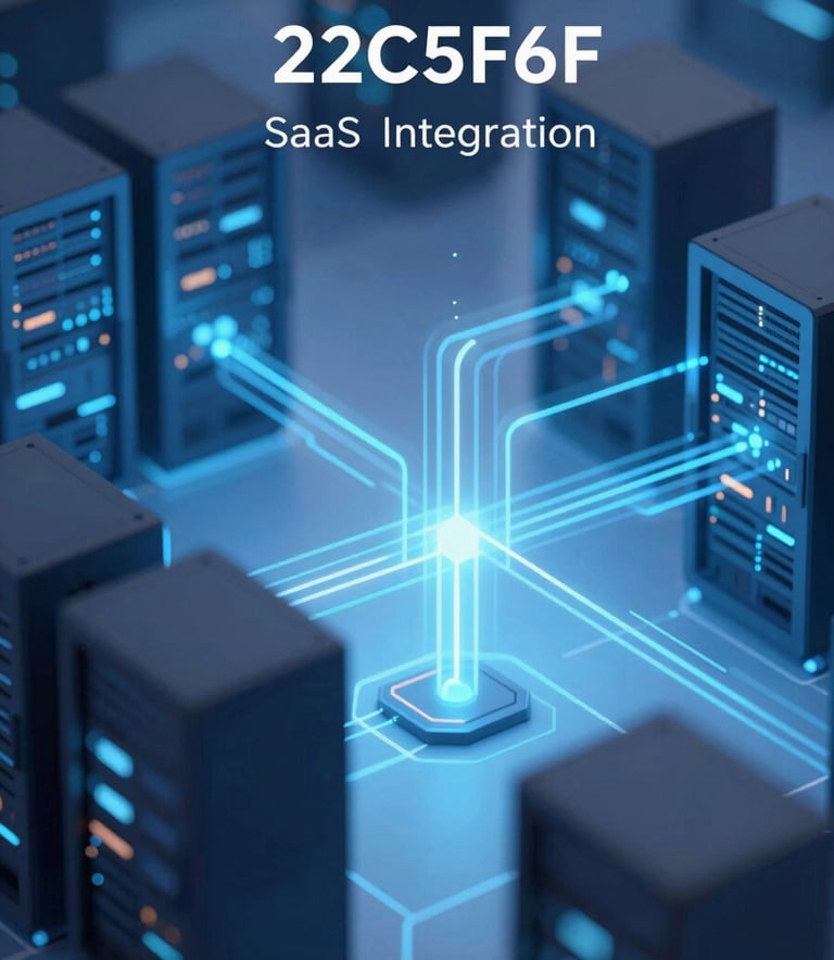 A high-tech data center visualization with digital light trails connecting servers, incorporating #2C5F6F and #8BA8B6 colors, symbolizing seamless SaaS and PaaS integration in a professional, isometric style.