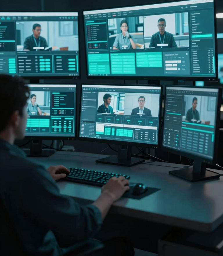 A high-end media control center with multiple glowing monitors displaying video streams and data metrics. The room is sleek and dark, lit with sharp teal accents (#2C5F6F) and light blue reflections (#8BA8B6). The atmosphere is focused and high-tech.