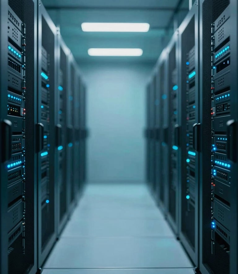 A symmetrical view down a futuristic data center aisle. The server racks are brushed metal, with glowing blue indicator lights (#8BA8B6). The floor is polished and reflects the professional teal lighting (#2C5F6F). Clean, efficient, and modern.