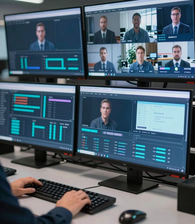 An advanced media control room with professional monitors showing high-definition streaming analytics and live broadcast feeds, using a color palette of #0A1D2B and #2C5F6F to convey efficiency.