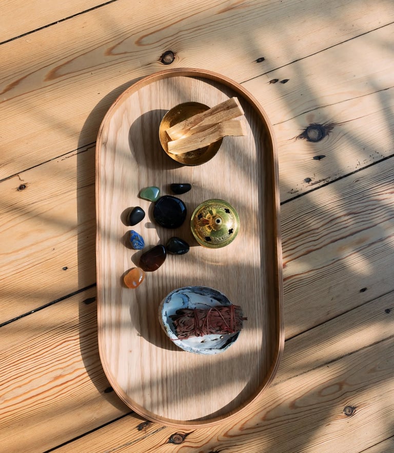 Coaching bien etre : rituel de purification avec palo santo, bâton de sauge et encens puis quartz rose