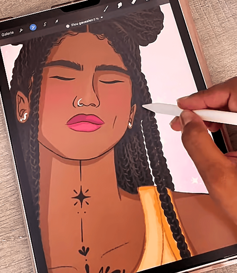 Illustratrice qui réalise une illustration féminin sacré : yoga, signe astrologique, iIllustration