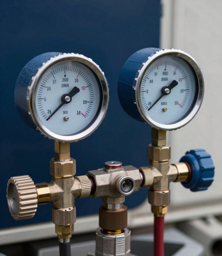 Close-up of high-precision manifold gauges used for measuring refrigerant gas pressure, connected to an outdoor air conditioning unit, sharp focus on the digital dials, professional technical equipment, medium blue and dark navy background.