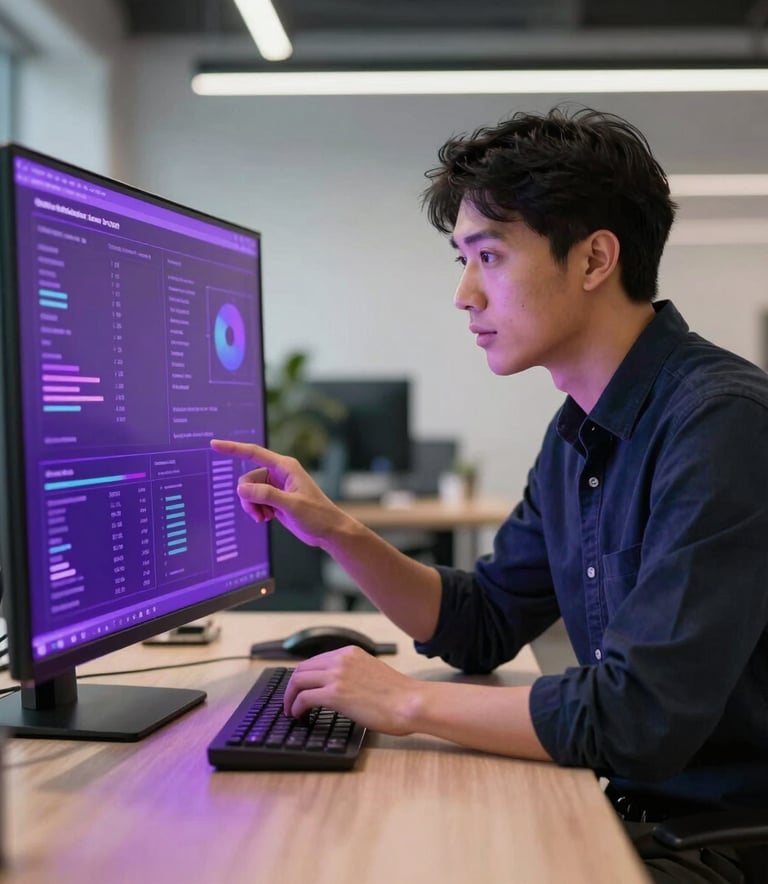 A sharp, professional shot of a digital analyst in a sleek, modern office setting, looking at data on a transparent screen with royal purple and violet reflections, North American / International setting.