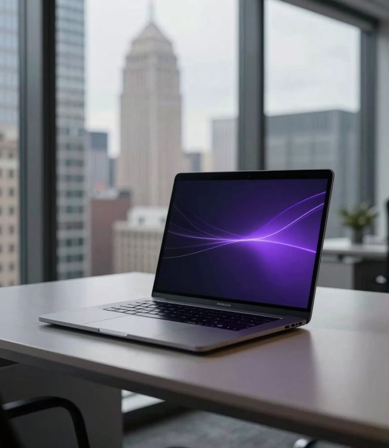 A minimalist and premium workspace with a sleek laptop and subtle violet light trails, set in a high-rise office in a North American / International city.