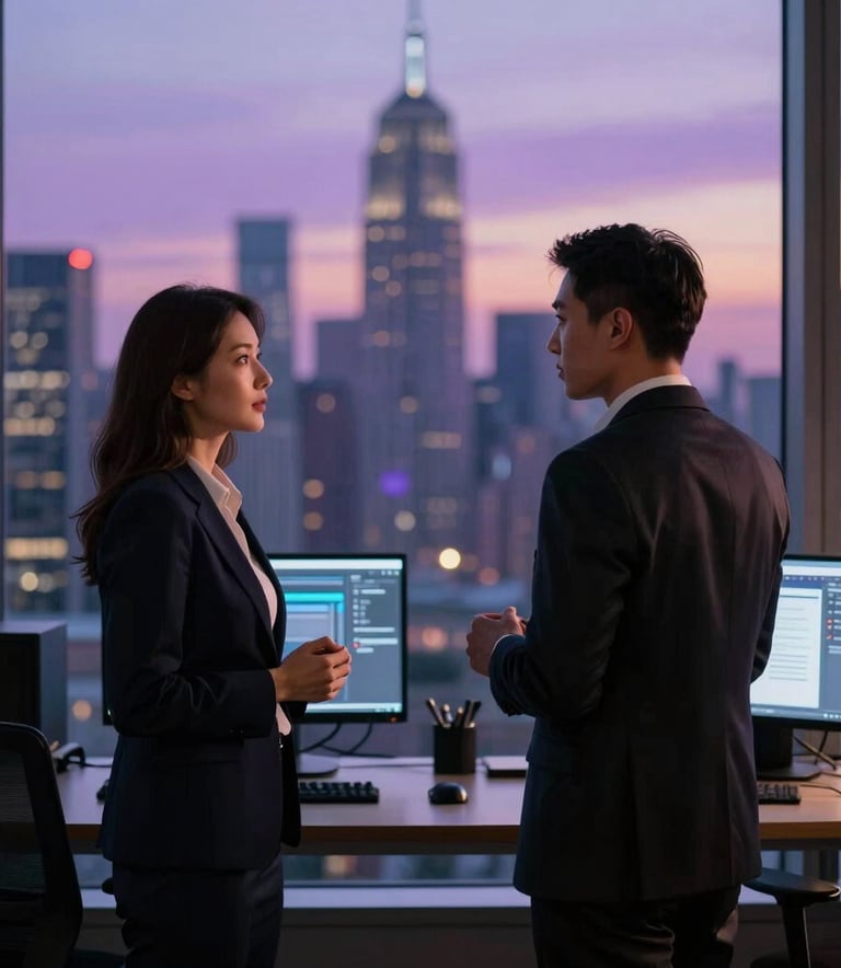Two professional performance marketing analysts in an international corporate setting, standing before a large window overlooking a metropolitan skyline at dusk. The lighting is low and sophisticated with soft violet glows from nearby screens, reflecting an elegant and high-end tech atmosphere.