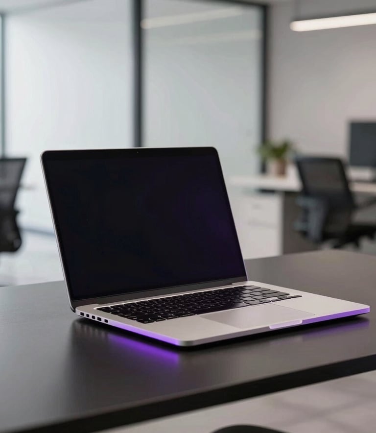 A high-end, minimal workspace featuring a sleek laptop on a dark desk with violet accent lighting. The background shows a blurred, professional North American office environment with clean lines and a premium tech feel.