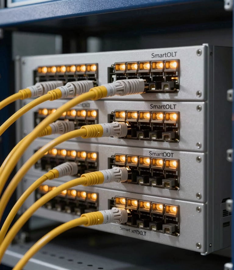 Detailed shot of professional fiber optic networking equipment and a SmartOLT unit in a rack, warm ochre gold status lights contrasting with a deep navy background, sharp focus, professional photography.