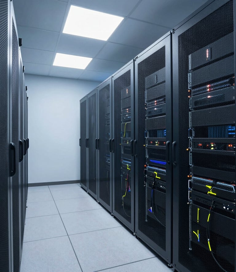 A clean and organized professional server room in América Latina, ice white and soft blue ambient lighting, modern technology infrastructure, wide angle perspective.