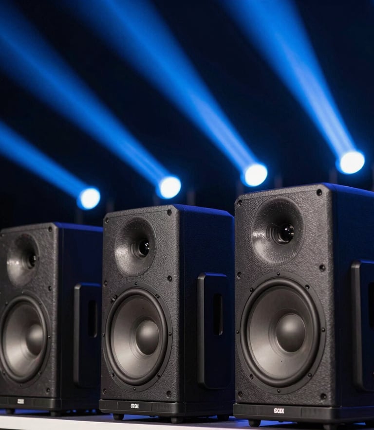 A close-up photograph of professional high-end audio speakers and moving head light fixtures against a dark background, casting sharp beams of electric blue light, reflecting a modern and professional event setup, Spanish-speaking / Global.