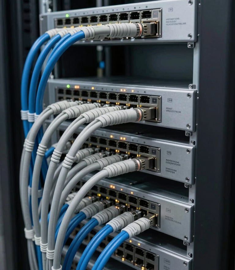 A close-up photography of a professional network infrastructure setup in a clean International English data center, featuring organized structured cabling in light grey and steel blue colors with subtle status lights on a high-speed router.