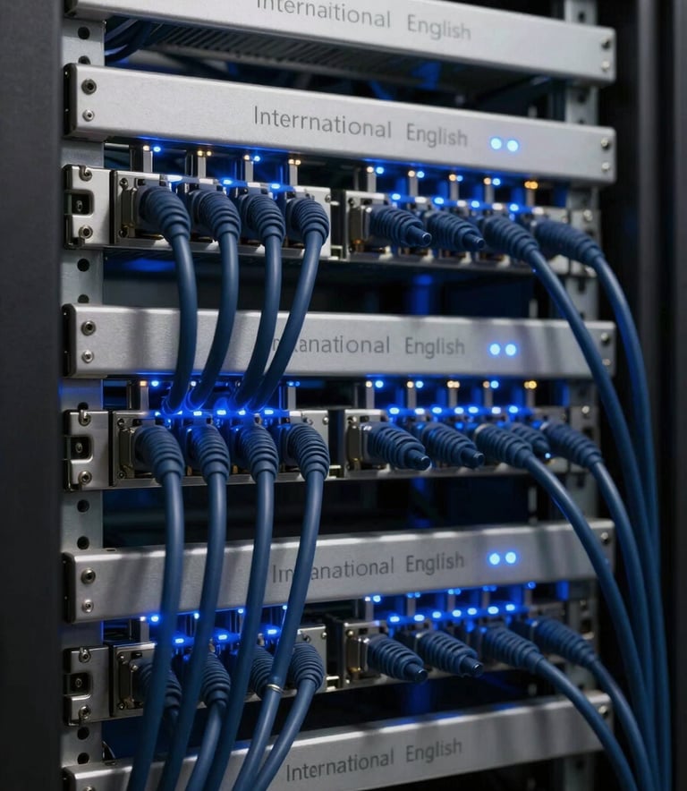 A photograph showing a professional networking rack with neatly organized navy blue cables and flashing steel blue LED lights, set within a modern International English data center.