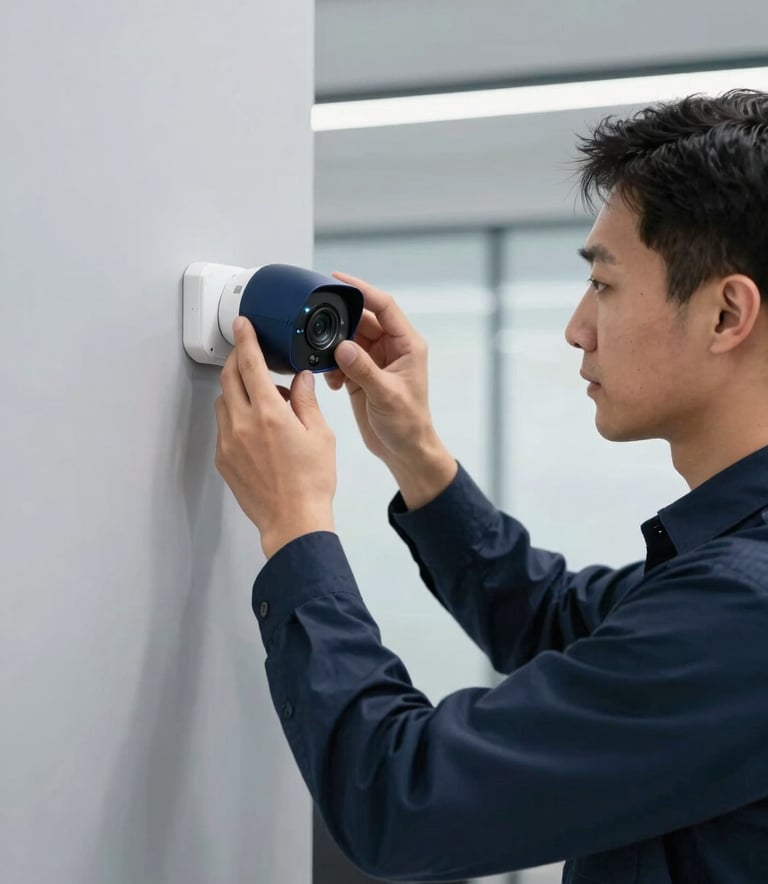 A professional technician in a modern International English office environment carefully installing a sleek, navy blue security camera on a light grey wall, bright daylight, professional corporate atmosphere.