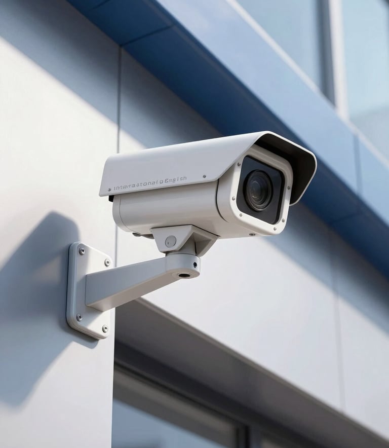 A close-up photograph of a high-tech white security camera mounted on the side of a modern International English commercial building, steel blue accents, clear daylight with crisp shadows.