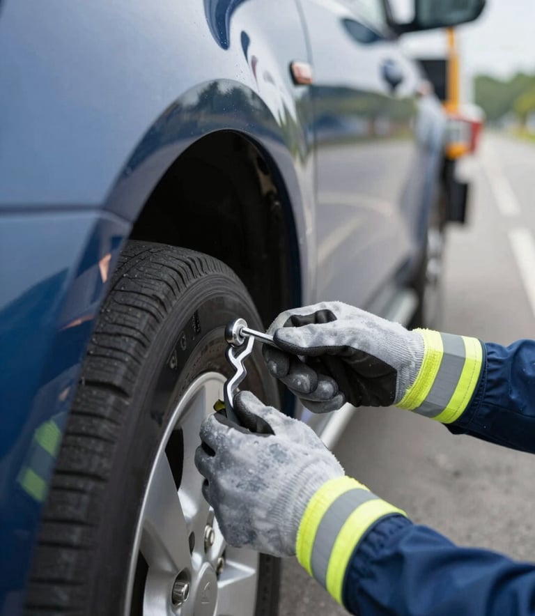 A close-up shot of a professional roadside assistance operator's hands wearing high-visibility gloves, expertly securing a safety hook onto a car wheel. The background features the clean, polished metallic body of a tow truck in #1A2E35 and #3F5B66. Professional, high-quality photography emphasizing safety and precision.