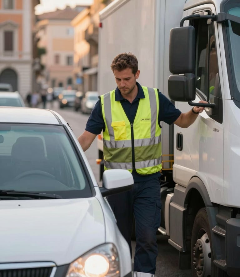 A reassuring scene of a tow truck operator in a professional #3F5B66 uniform helping a driver on a Rome street. The lighting is warm and helpful, conveying modern service quality and trust.