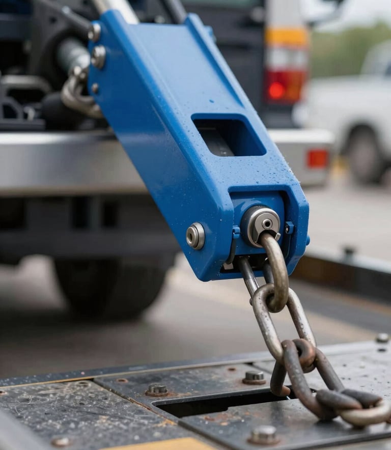 Close-up of a tow truck mechanism and safety chains during a vehicle recovery operation. Clean, technical, and professional photography with highlights of #8DAFB5.