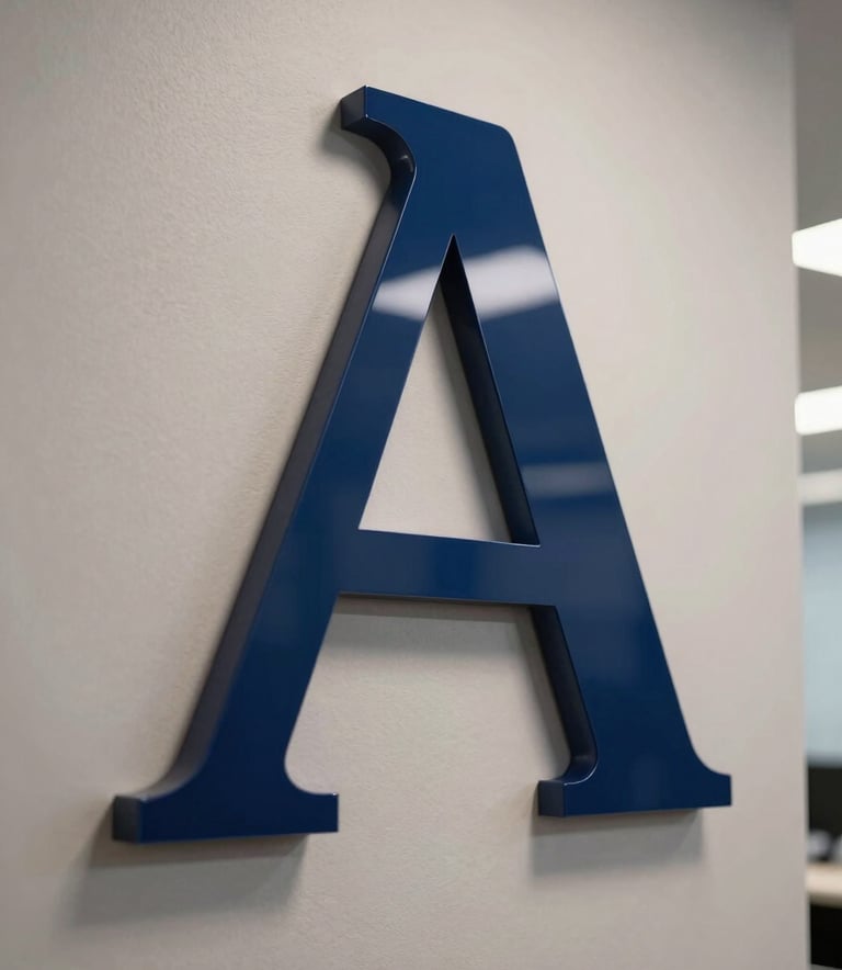 A close-up photograph of premium acrylic signage mounted on a textured modern wall in a South American corporate office. The lighting is soft and professional, highlighting the depth of the deep navy blue and pale crystal white materials. The composition is angled to show the quality of the installation.