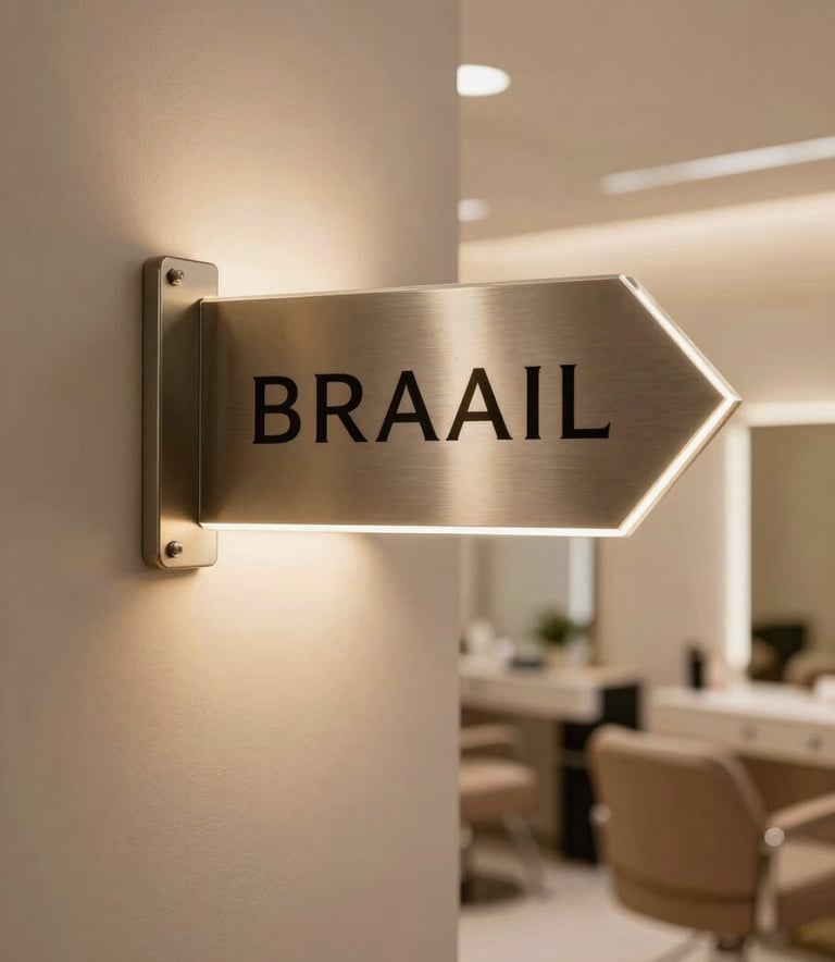 A close-up photograph of a sophisticated high-end beauty salon interior in Brazil, focusing on an elegant wall-mounted directional sign made of brushed metal and acrylic, soft warm lighting creating a professional and inviting mood, blurry background showing modern chairs.