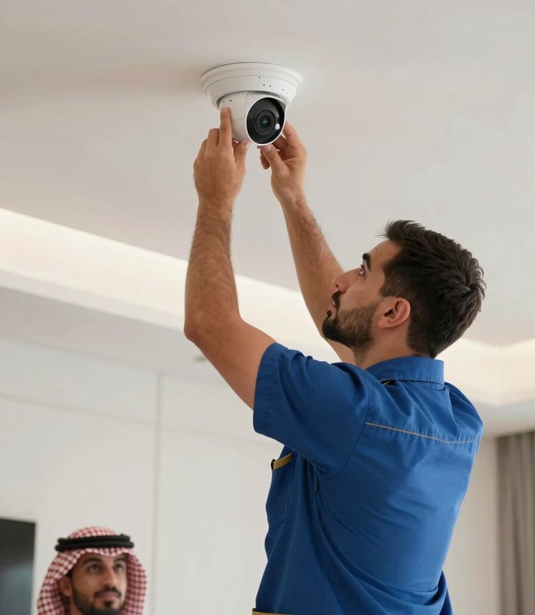 A professional technician in a clean uniform installing an IP camera on a high ceiling of a modern Middle Eastern / Saudi Arabian home, focused composition, bright and professional lighting, Steel Blue accents.