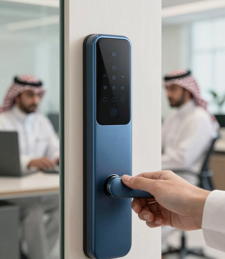 A close-up photograph of a modern smart door lock being operated in a contemporary Middle Eastern / Saudi Arabian office setting, soft natural lighting, professional and secure atmosphere, using Steel Blue and Off-white tones.