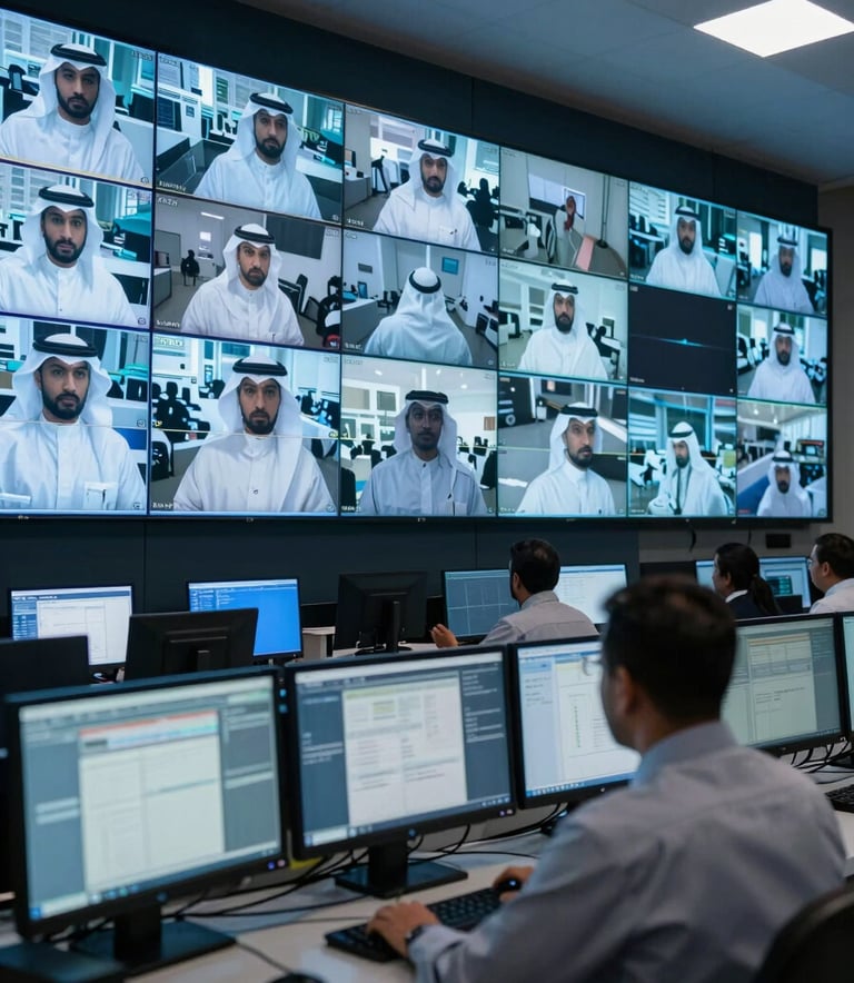 A high-tech security operations center in Riyadh, Saudi Arabia, featuring a wall of high-definition monitors displaying real-time CCTV feeds. The lighting is dominated by a professional dark blue and light blue glow. A technician in professional attire is seen from behind monitoring the systems. 4k resolution, clean and authoritative atmosphere.