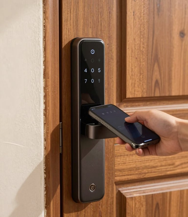Close-up of a sleek, modern biometric smart lock installed on a heavy wooden door of a contemporary building in Saudi Arabia. A hand is seen using a smartphone to unlock it. Professional photography, sharp focus, natural daylight with soft shadows.