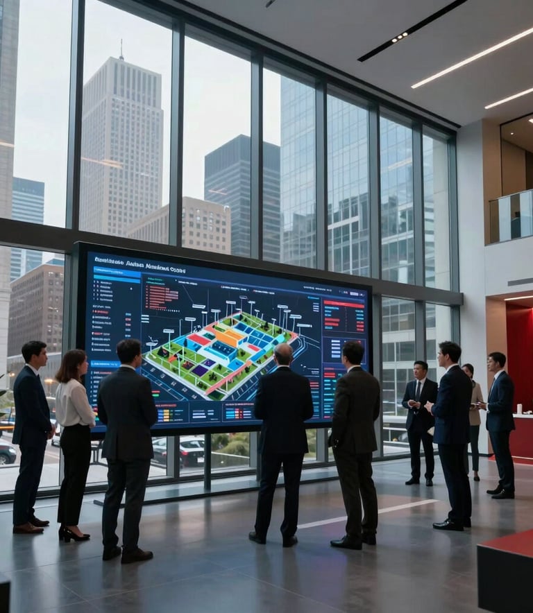 A wide shot of a sleek, modern architectural office in a North American financial hub. Through tall windows, a city skyline is visible. Professionals in business attire are gathered around a large digital display analyzing infrastructure data. The lighting is cool and professional with red accents in the decor.