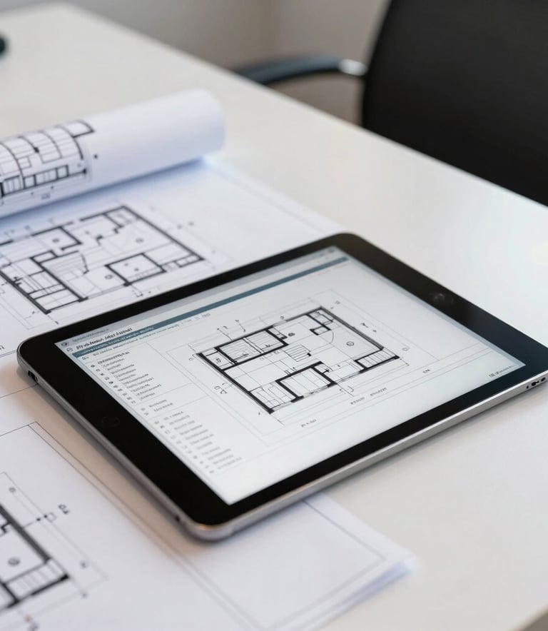 A clean, modern professional desk featuring detailed architectural blueprints and a tablet displaying technical project data, North American / International Business office, bright and focused lighting.