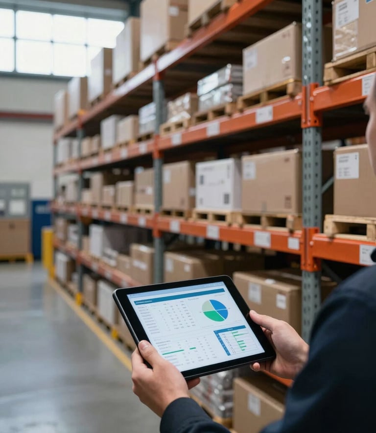 Professional photography of a sophisticated distribution hub in the UK, focusing on an organized shelf system and a person holding a tablet displaying data analytics, cool daylight through industrial windows, conveying efficiency and reliability, Northern European / British context.