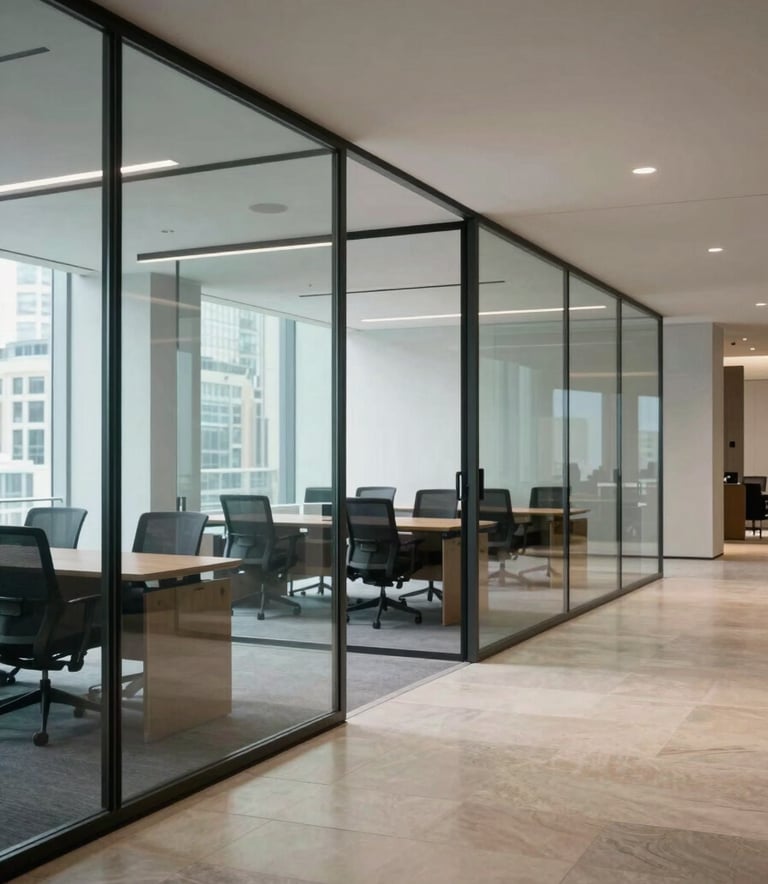 Photography of a high-end, minimalist corporate office in London, featuring clean glass partitions and polished stone floors, soft natural daylight, emphasizing a professional and modern atmosphere, Northern European / British style.