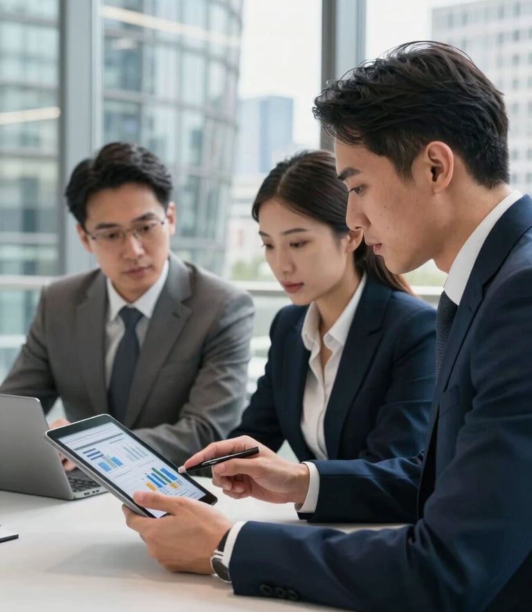 A professional business meeting in a bright, modern London glass office. Two professionals in smart business attire are reviewing market data on a tablet, with a blurred cityscape in the background. High-key lighting, modern professionalism, Northern European context.