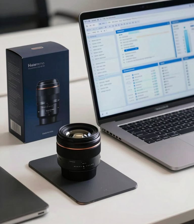 A sleek, professional desk setup with a laptop displaying a complex data analytics dashboard with blue and light gray highlights. Beside it is a high-quality consumer product in sophisticated packaging. Shallow depth of field, Northern European office style.