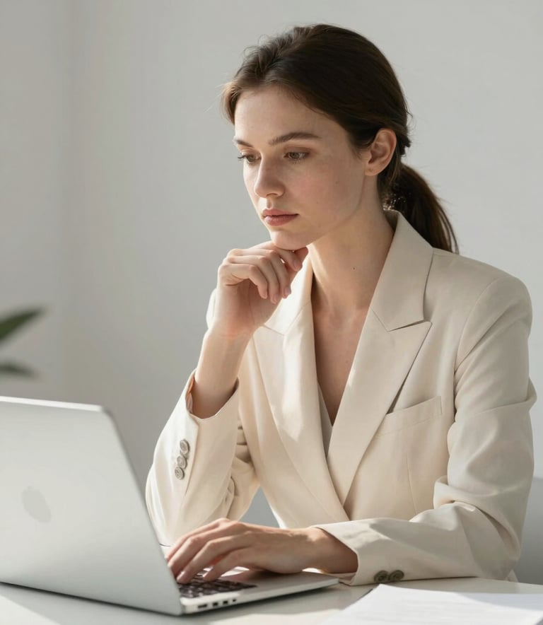 A professional specialist in a soft cream-colored office, looking thoughtfully at a sleek laptop, soft morning light, minimalist aesthetic, warm light gray background.
