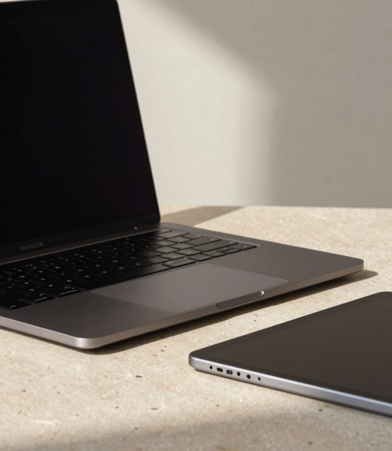 A close-up shot of a professional workspace featuring a sleek dark charcoal laptop and a high-end tablet. The setting is minimalist with a light beige stone surface and soft off-white walls. Natural, soft sunlight creates a professional and reliable atmosphere.