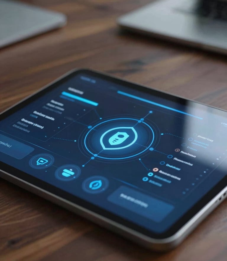 A close-up of a high-tech digital security interface on a sleek tablet placed on a dark wooden desk, soft blue lighting reflecting off the surface, representing modern data protection, Southeast Asian / Vietnamese office environment, professional photography.