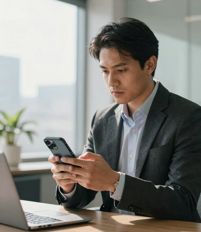 A focused professional in a modern South American corporate office using a sleek smartphone to manage business operations, natural morning light, clean and professional atmosphere.