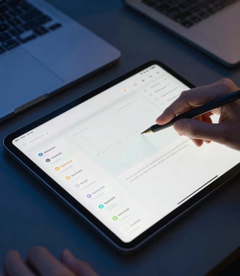 Close-up of a tablet being used by a professional in a modern Brazilian workspace. The screen displays a minimalist dashboard with clean data visualization. The lighting is soft and professional, emphasizing the steel blue and dark blue brand colors in the surrounding environment.