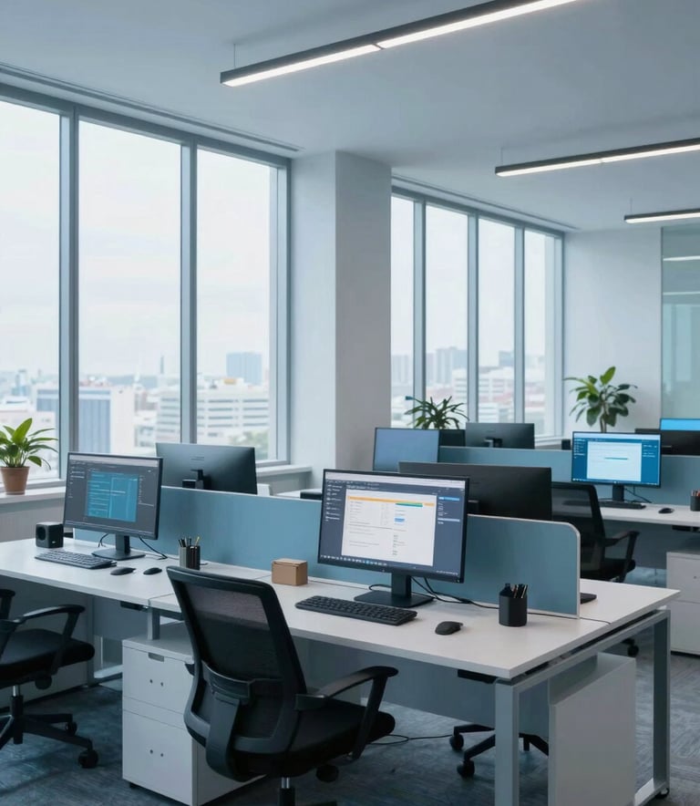 A wide shot of a modern, clean South American office space with large windows and bright natural light. The setting is professional and tech-oriented, featuring sleek desks with monitors showing clean software interfaces. The palette is dominated by light blue and alice blue tones, reflecting an atmosphere of innovation and clarity.