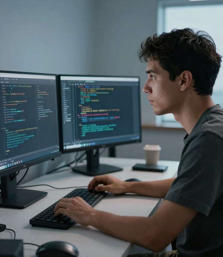 A South American software developer examining lines of code on multiple monitors in a high-tech, clean environment, dramatic but professional Muted Blue lighting shadows.