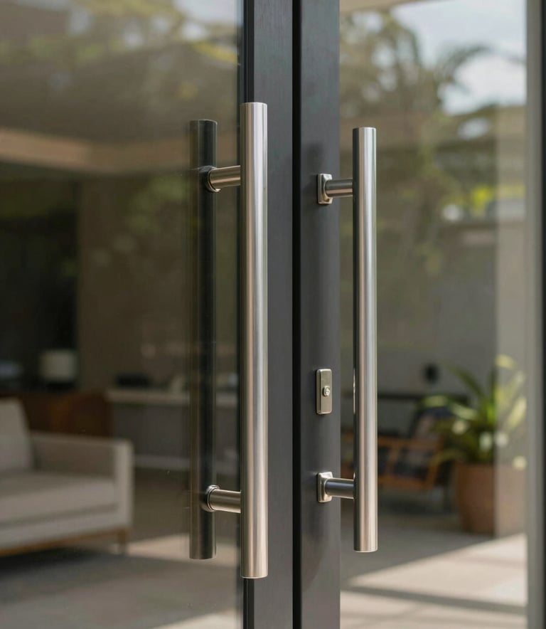 A close-up of a modern, high-end residential entrance in Brazil, featuring sleek glass doors and polished steel handles. The lighting is bright and natural, reflecting a clean and professional atmosphere. South American / Brazilian architecture.