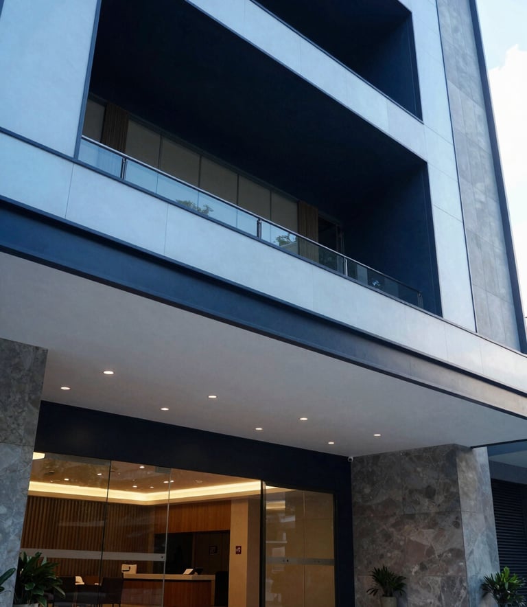 A detailed shot of a sleek building lobby entrance in Brazil, featuring high ceilings and modern architectural details in navy and light blue tones.