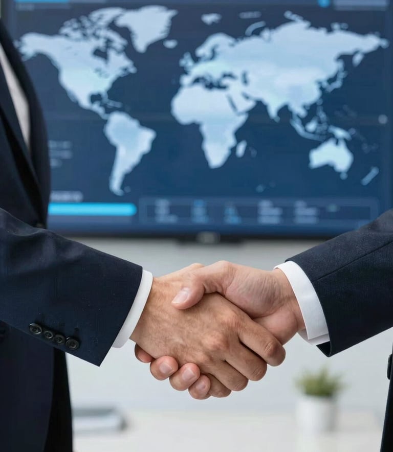 A close-up, high-detail shot of a professional handshake between two business partners in a sleek office setting. In the background, a digital screen displays global sales maps in soft blue tones (#3C6281). The image projects trust, partnership, and modern professionalism.