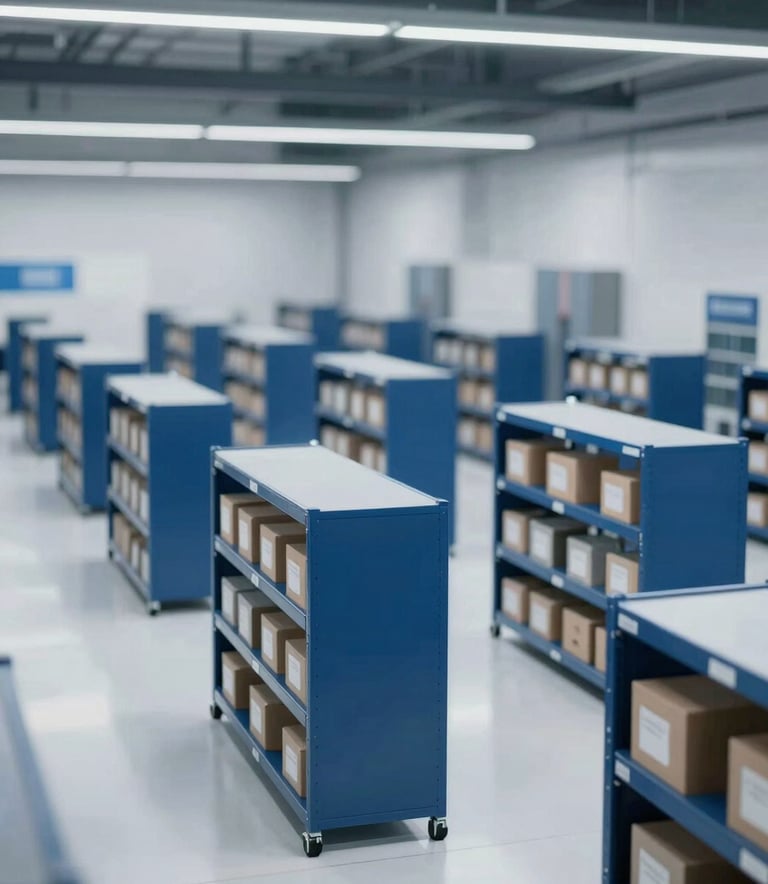 A professional wide-angle shot of a modern, high-tech logistics center. The lighting is cool and sophisticated, featuring deep blue shelving units (#0B243B) and clean white flooring (#F7F9FC). The atmosphere is organized and efficient, representing global e-commerce excellence.